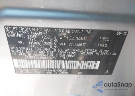 2017 Toyota Rav4 Le z USA, uszkodzony, nr VIN 2T3BFREV2HW550825